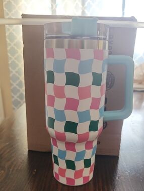 Colorful Checkered Travel Tumbler with Handle - Pink, Blue, Green, White